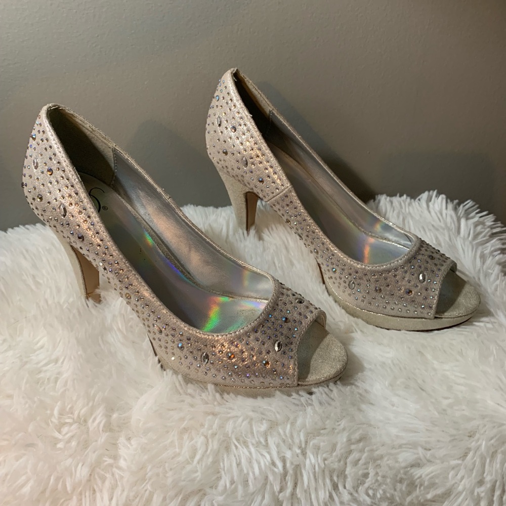 Delicious-Silver & Rhinestone Platform Heels